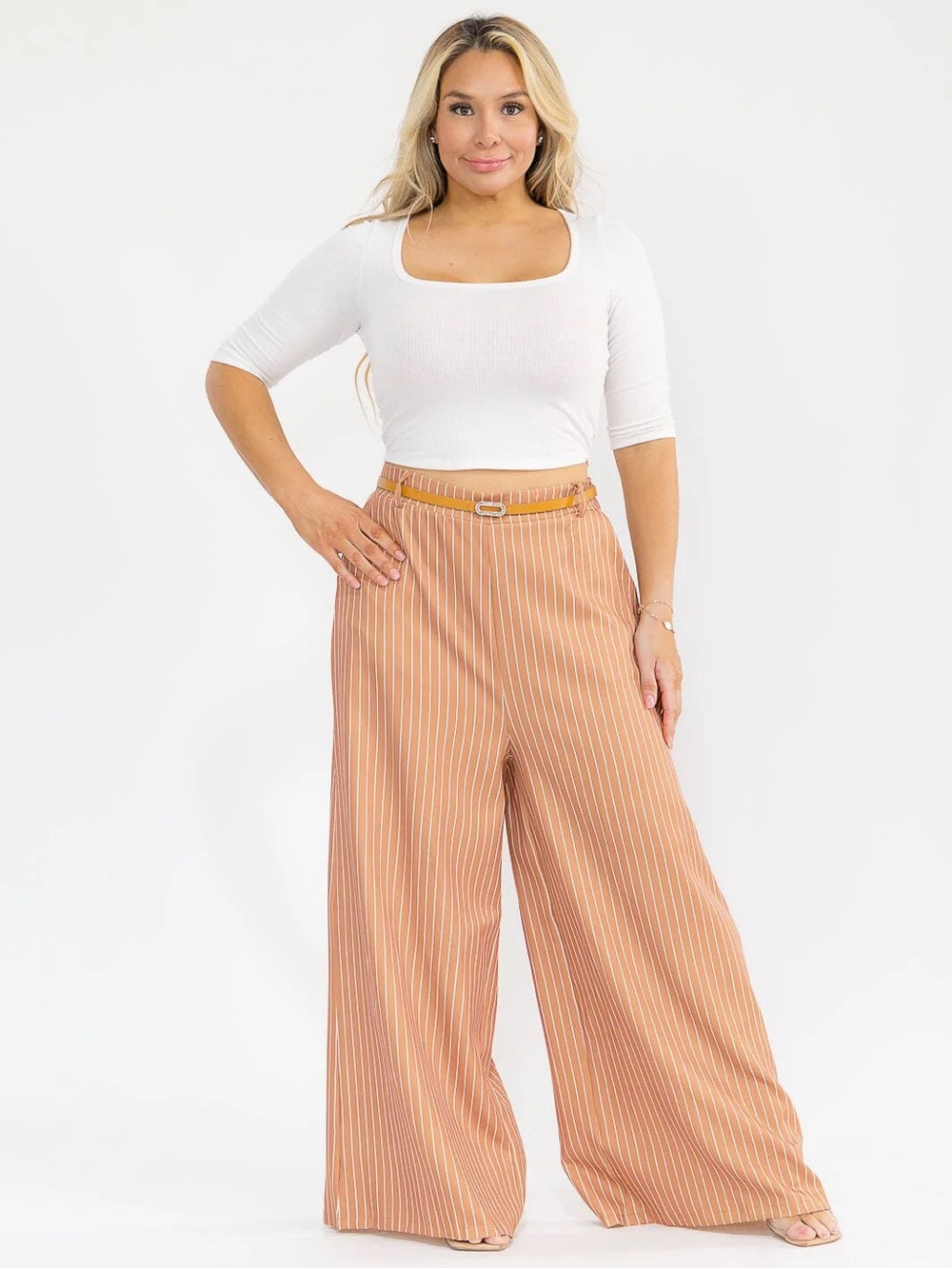 1X, 2X, 3X Wide Leg Striped Palazzo Pants in Rust Orange